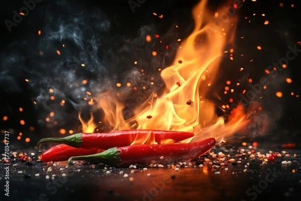 Fototapeta Red Chili Peppers on Fire with Fiery Sparks and Smoke
