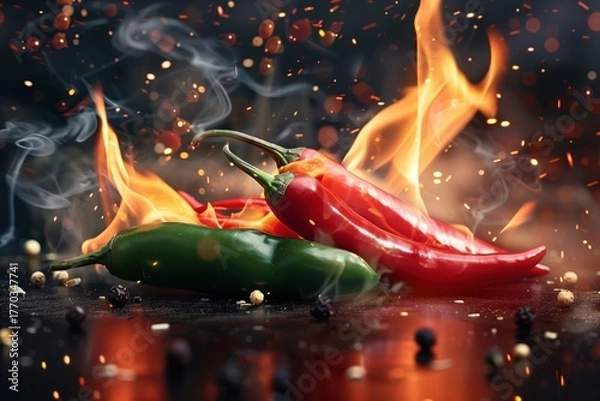 Fototapeta Red Chili Peppers on Fire with Fiery Sparks and Smoke
