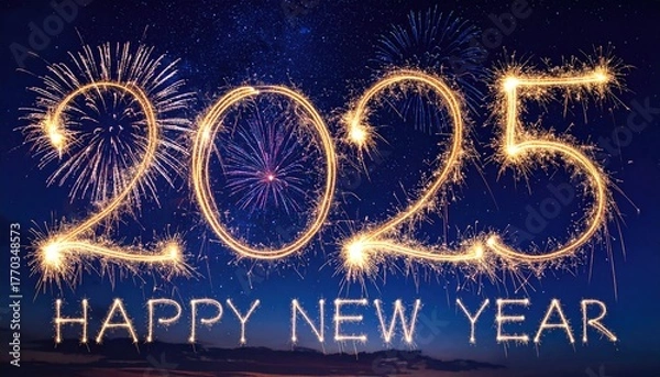 Fototapeta Sparkling fireworks display spelling out 2025 with Happy New Year below