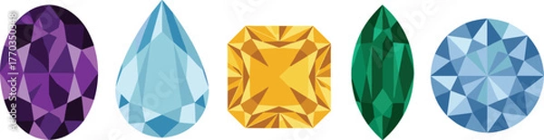 Fototapeta Gemstone collection, colorful crystal cuts, jewelry design elements, faceted stones, precious gems, vibrant shapes, luxury sparkle, elegant texture, polished beauty