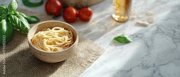 Obraz Savory Noodles in Rustic Bowl with Fresh Vegetables