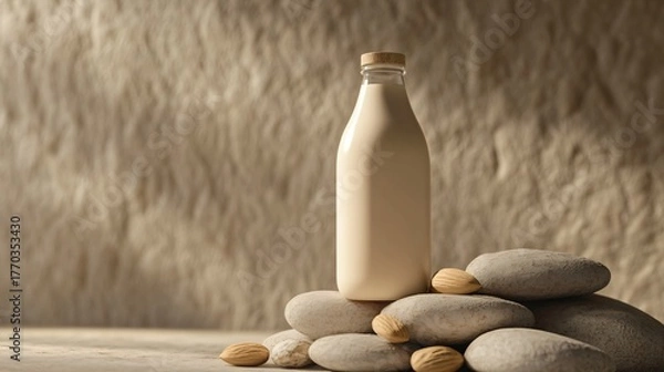Obraz Organic nut milk bottle on stacked jars