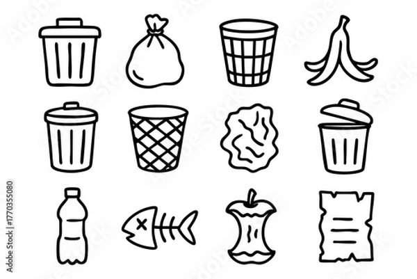 Obraz Trash Elements Icon Set in Doodle Style Vector Illustration