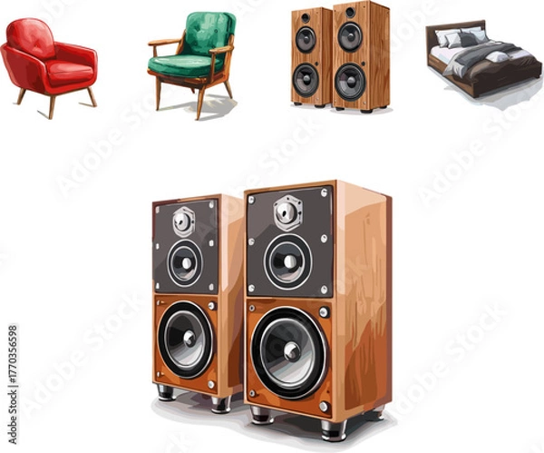 Obraz audio speakers isolated on white in color style, set of household appliances 