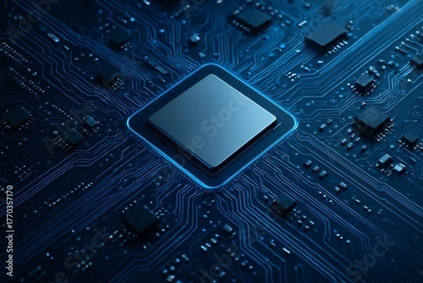 Fototapeta Circuit board closeup showing digital chip and processor on motherboard Futuristic technology background