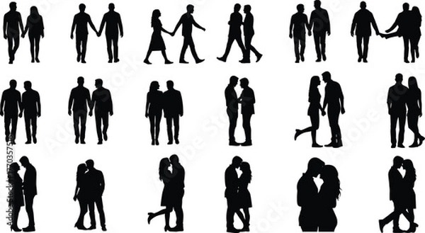 Fototapeta Romantic couple silhouettes in various poses, walking, hugging, kissing, standing together, perfect for love, relationship, and vector design themes.