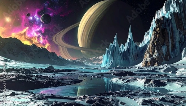 Fototapeta Vibrant cosmic landscape of an icy alien planet, showcasing a majestic ringed gas giant under a colorful nebula sky, with dramatic ice formations and reflective surfaces, an epic space vista