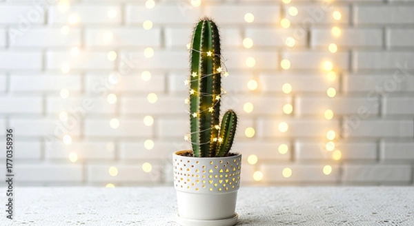 Fototapeta Christmas Cactus Wrapped in LED String Lights in Ceramic Pot