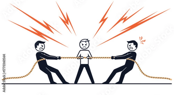 Fototapeta A stressed individual is caught in the middle of a symbolic tug-of-war, representing conflict, pressure, and being pulled in opposing directions.