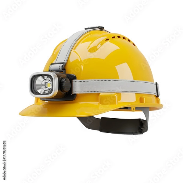 Fototapeta Side view of a yellow construction safety helmet with headlamp, perfect for industrial, engineering, and safety concept designs. Isolated on white or transparent background. PNG format.