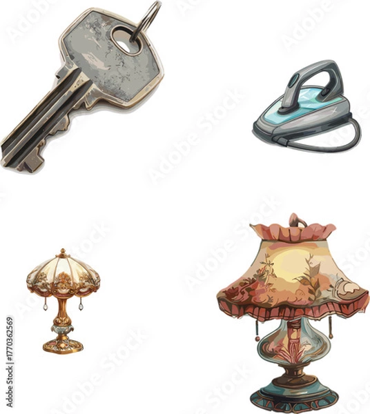 Fototapeta set illutration of old antique keys And an old-fashioned table lamp
