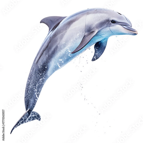 Fototapeta Jumping dolphin silhouette or cartoon illustration isolated on white background for aquatic wildlife vector art