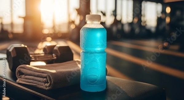 Obraz Blue electrolyte drink bottle with towel and dumbbell in gym, symbolizing hydration and fitness.