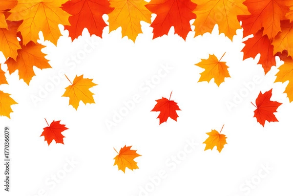 Fototapeta Falling autumn maple leaves creating seasonal border with vibrant orange and yellow colors on transparent background
