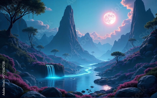 Obraz Sci-Fi Valley with Glowing Moonlight
