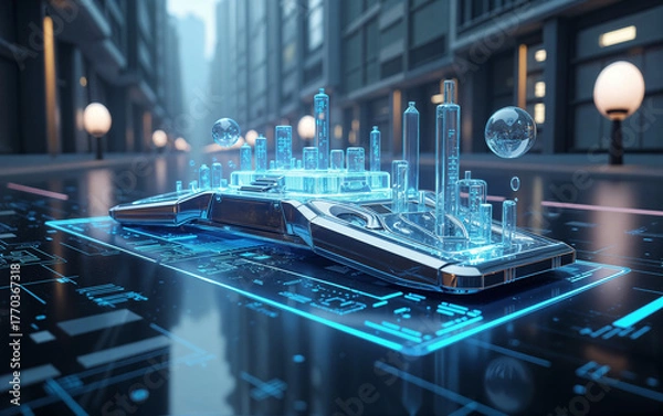 Obraz Holographic Table with AI Blueprint
