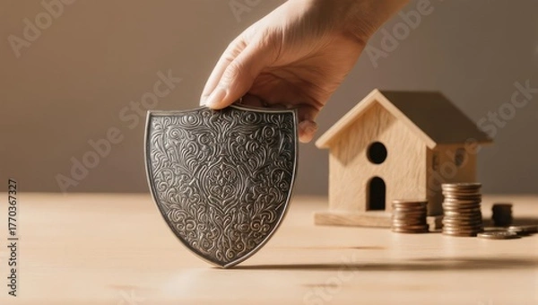 Obraz Hand placing a decorative shield near a wooden house and coins. Protective concept