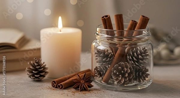 Fototapeta Cozy still life composition with lit candle cinnamon sticks and pine cones