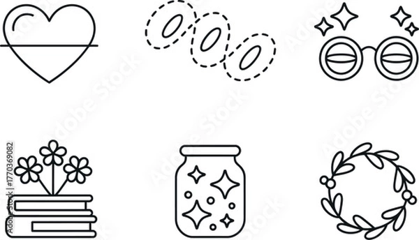 Fototapeta Minimalist line art icons set featuring heart books flowers jar wreath and glasses for creative design vector