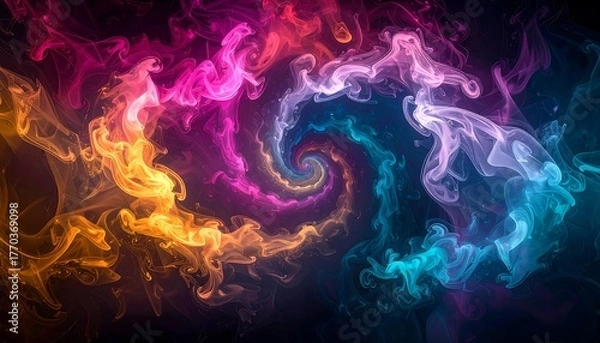 Fototapeta Abstract swirling colorful smoke art with vibrant hues creating a hypnotic spiral pattern on a dark background