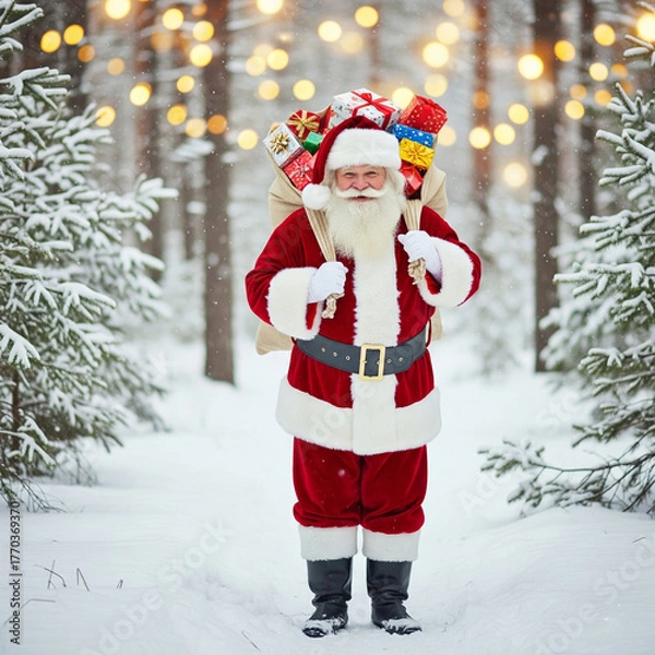 Fototapeta Jolly Santa Claus with sack full of presents walking through a snowy winter forest illuminated by warm bokeh lights, spreading holiday cheer and Christmas magic.