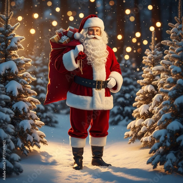 Fototapeta Iconic Santa Claus with a sack full of gifts walks through a snowy winter forest illuminated by warm bokeh lights, embodying the spirit of Christmas joy and generosity.