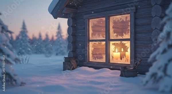 Fototapeta Cozy winter cabin scene with warm candle light visible through frosted window