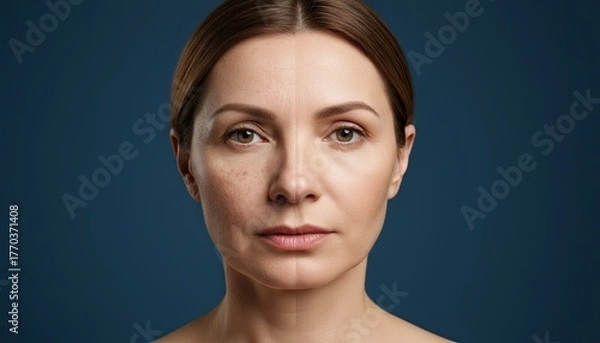 Obraz A middle-aged Caucasian woman with brown hair and a neutral expression poses against a blue background. Her skin appears smooth and even-toned before and after beauty procedure 