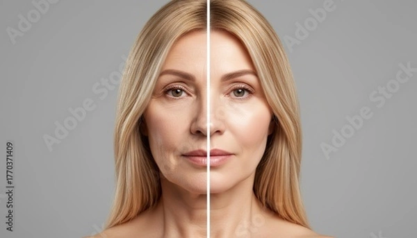Obraz A split image of a middle-aged Caucasian woman with long blonde hair. One side shows her youthful appearance, while the other side displays signs of aging.