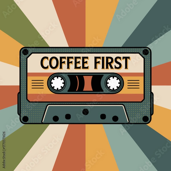 Obraz Retro cassette tape with coffee first label and sunburst background vintage music beverage design vector