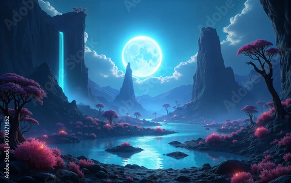 Obraz Sci-Fi Landscape with Glowing Blue Moon
