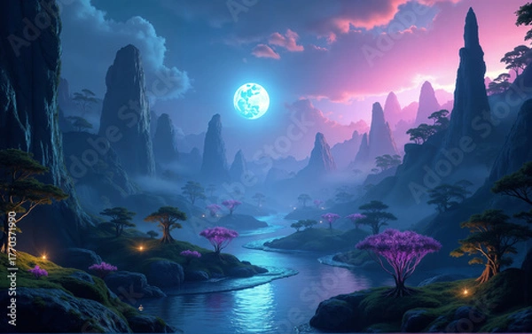 Obraz Sci-Fi Landscape Under Blue Moonlight
