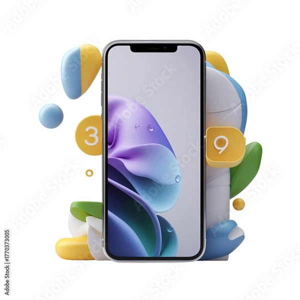 Obraz 3d icon of smartphone with abstract colorful shapes isolated on transparent background