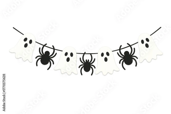 Fototapeta Halloween ghost and spider garland on string creating a spooky decoration for celebrations and fear