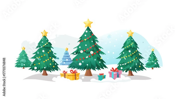 Obraz Christmas fir trees. Cartoon decorated green xmas trees. Winter holiday flat vector illustration set. Christmas fir trees collection stock illustration