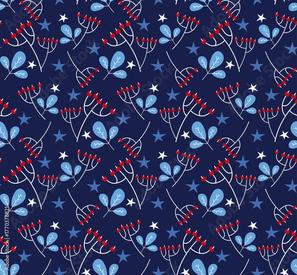 Obraz Winter Seamless Vector Floral Pattern with White Branches, Leaves and Stars on a dark Blue Background.	