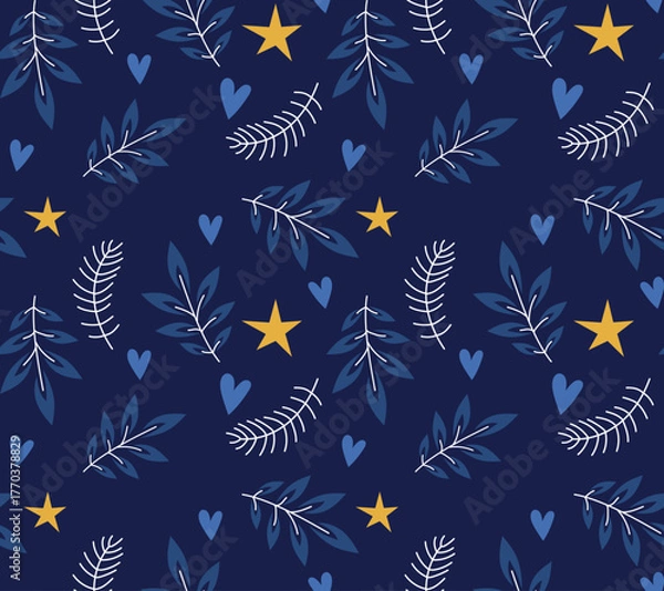 Obraz Winter Seamless Vector Floral Pattern with Blue Branches, Leaves and Stars on a dark Blue Background.	