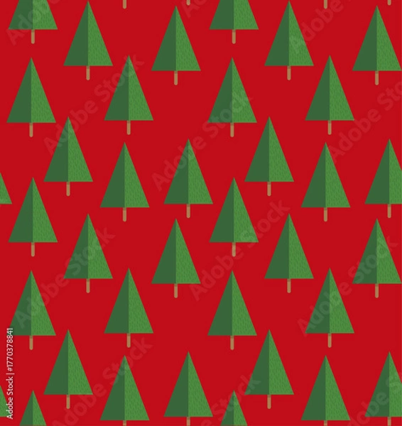 Obraz Seamless Christmas Pattern with Green Geometric Trees on Red Background