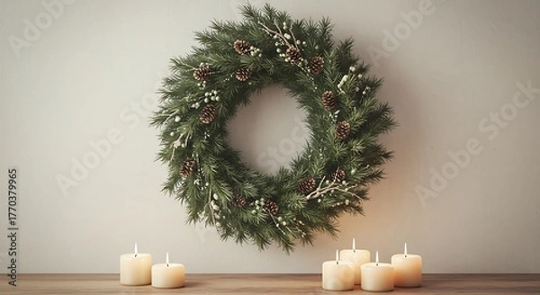 Fototapeta Decorative christmas wreath and lit candles on wooden surface