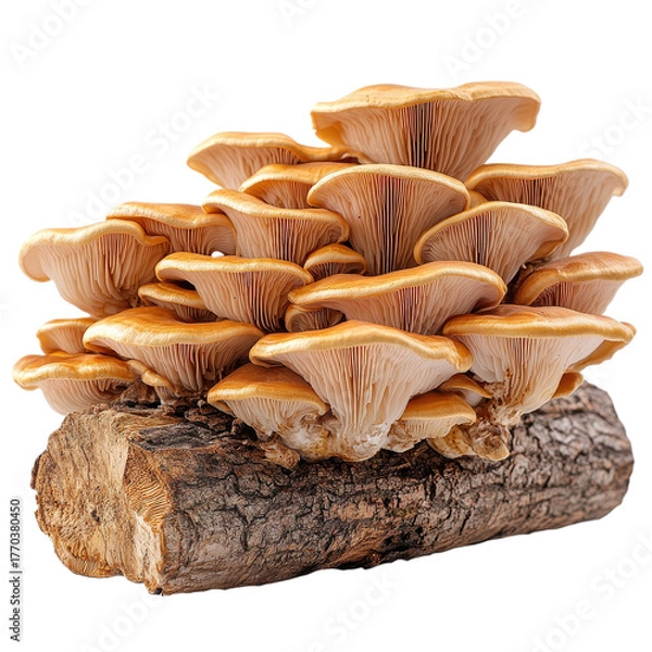 Fototapeta Mushrooms growing on log on transparent background