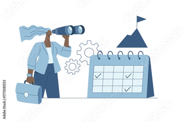 Obraz Woman holding binoculars with calendar, Organizational development planning to the highest level, Work efficiency improvement.