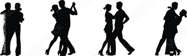 Fototapeta Silhouette, couple, dance, partner, ballroom, tango, salsa, waltz, performance, movement, elegance, romantic, choreography, artistic, black, isolated, figure, pose, motion, celebration,