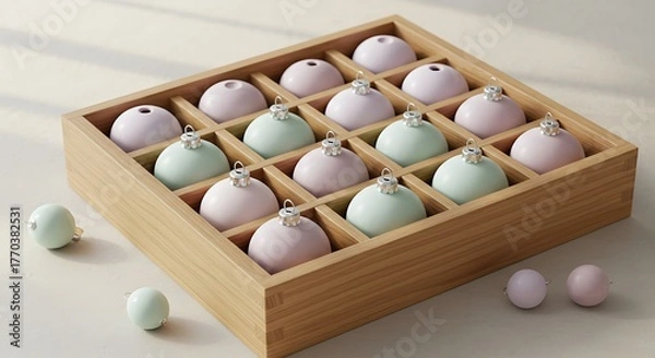 Fototapeta Decorative ornaments neatly arranged in a wooden storage box for holiday decor