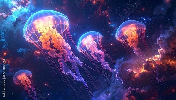 Fototapeta Cosmic Jellyfish Drifting Through Nebula, Ethereal Deep Sea Creatures in Vibrant Outer Space