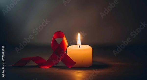Fototapeta Single candle and red ribbon glowing in soft focus background