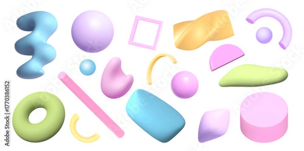 Fototapeta Set of assorted pastel 3D abstract objects in various geometric forms in realistic style