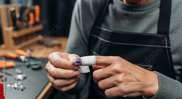 Obraz Close up of a mechanic's hands applying a first aid dressing to a cut finger, highlighting workplace safety and care