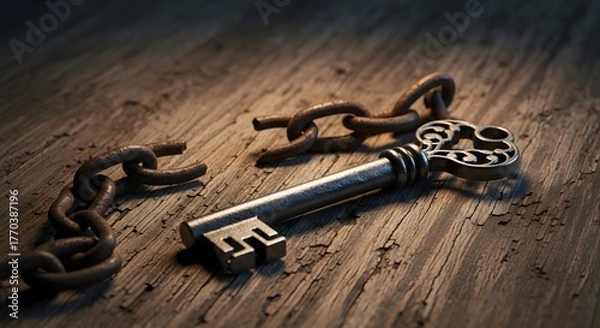 Fototapeta Old key placed near broken chain, concept of liberation and justice