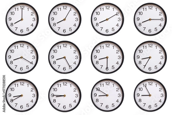 Fototapeta Collection of twelve round wall clocks showing 08:00 to 08:55 or 20:00 to 20:55, isolated on white background. Concept of time management, global time zones, scheduling, and business planning.