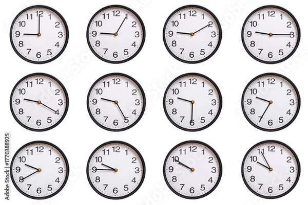 Fototapeta Collection of twelve round wall clocks showing 09:00 to 09:55 or 21:00 to 21:55, isolated on white background. Concept of time management, global time zones, scheduling, and business planning.